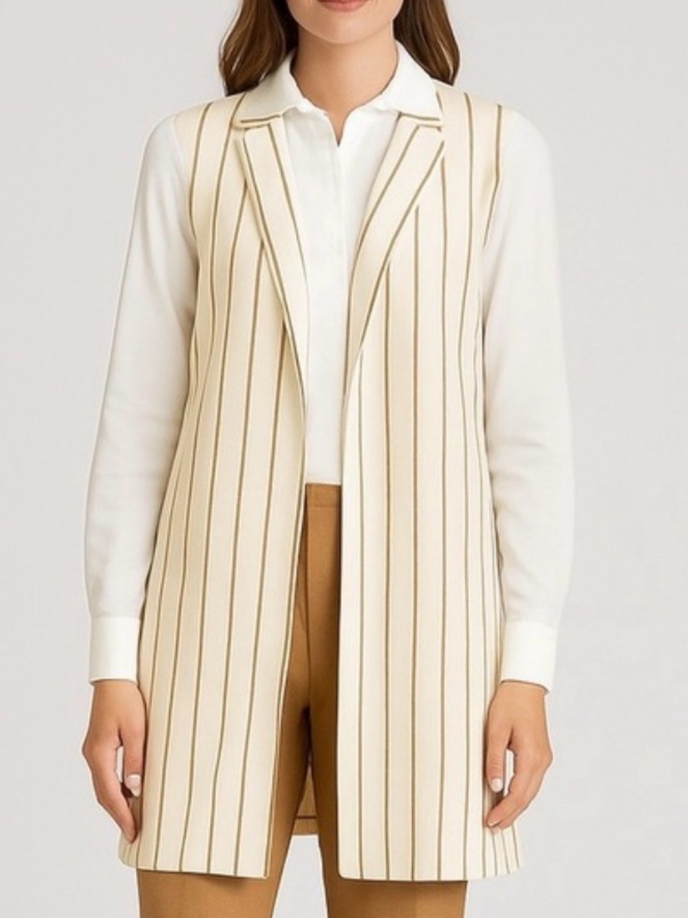 Chico's Longline Open Front Vest Cream Tan Pinstripe Elegant Chic Layering
